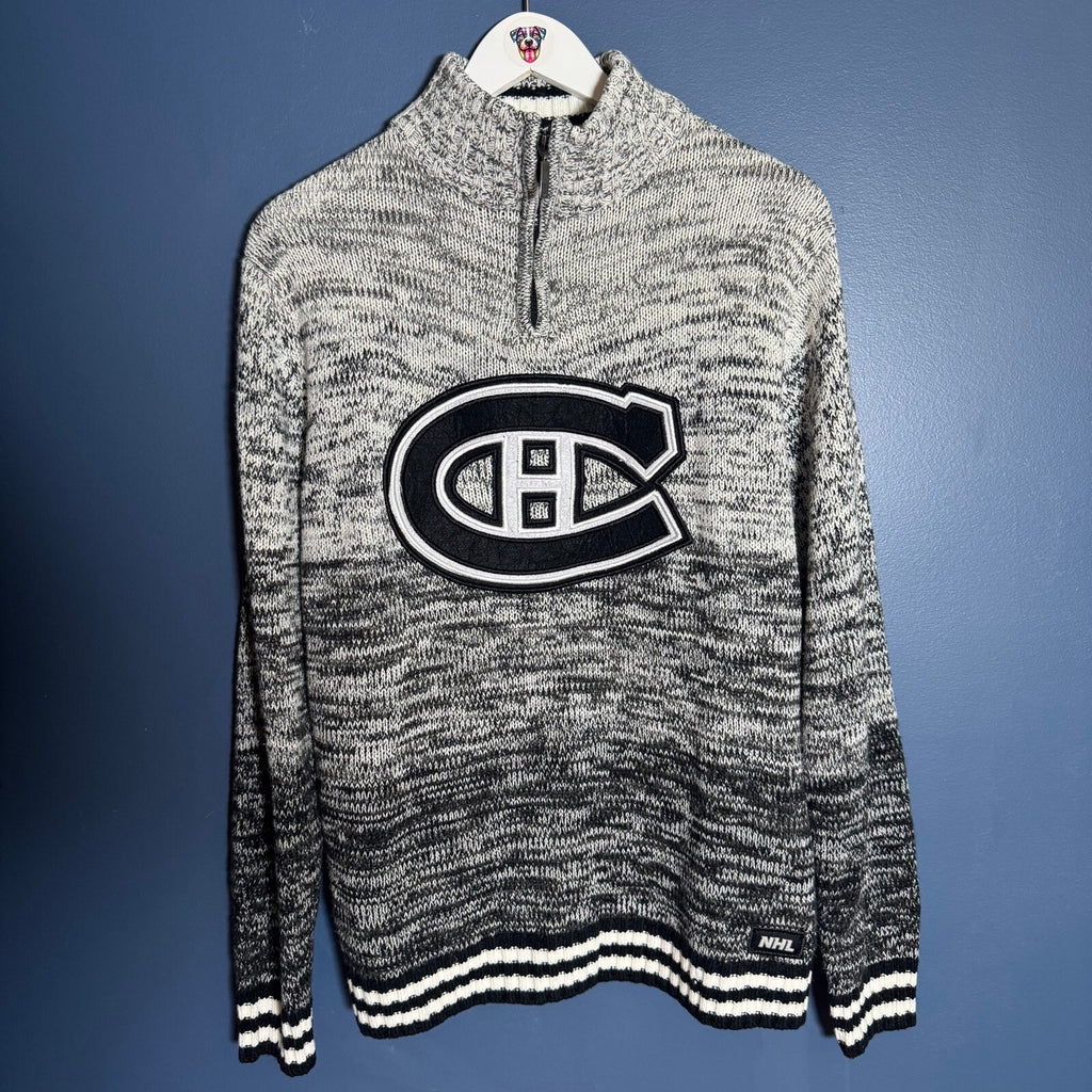 Montreal Canadiens NHL 1/4 Zip Knit Sweater Gray Black Habs Ilanco Retro Size M