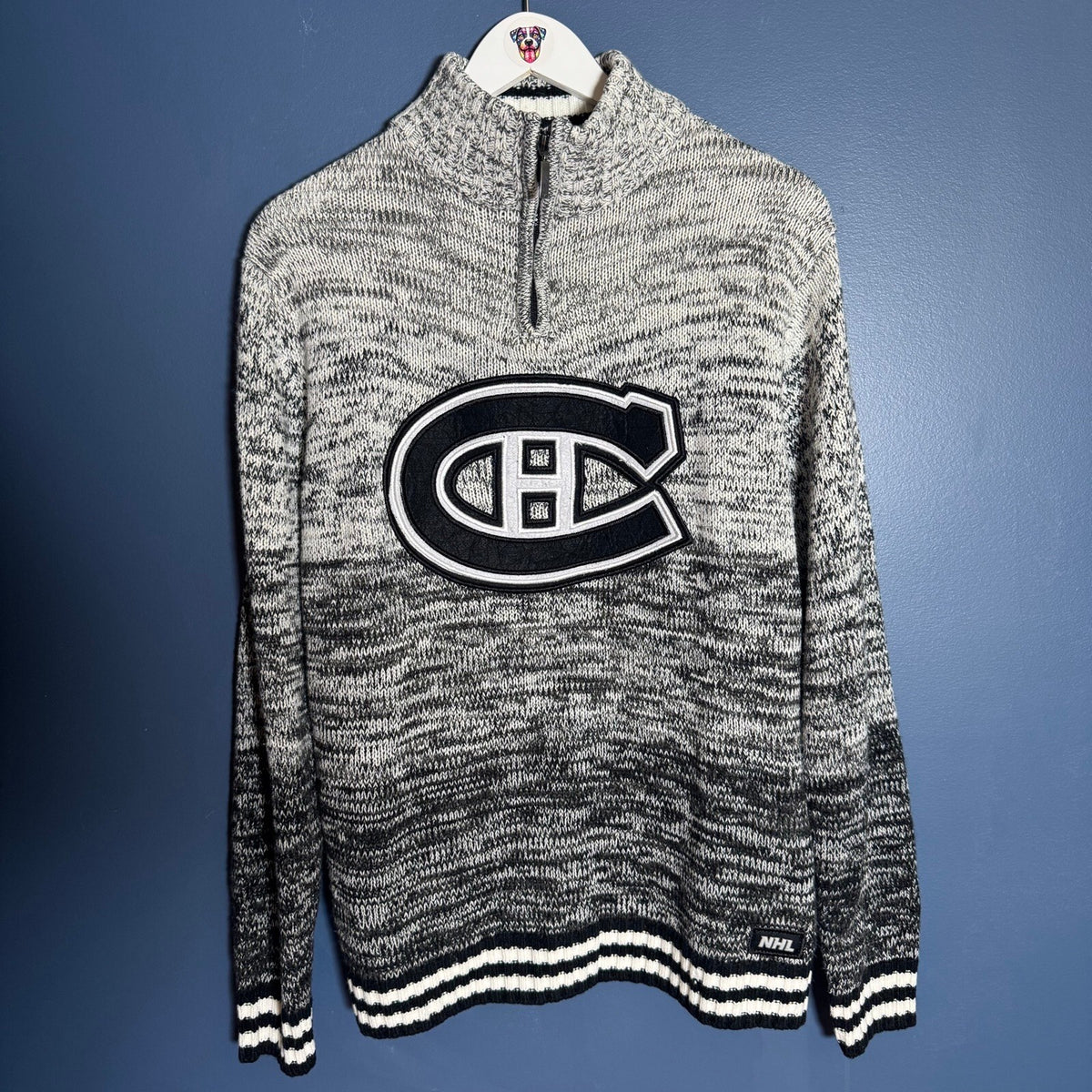Montreal Canadiens NHL 1/4 Zip Knit Sweater Gray Black Habs Ilanco Retro Size M