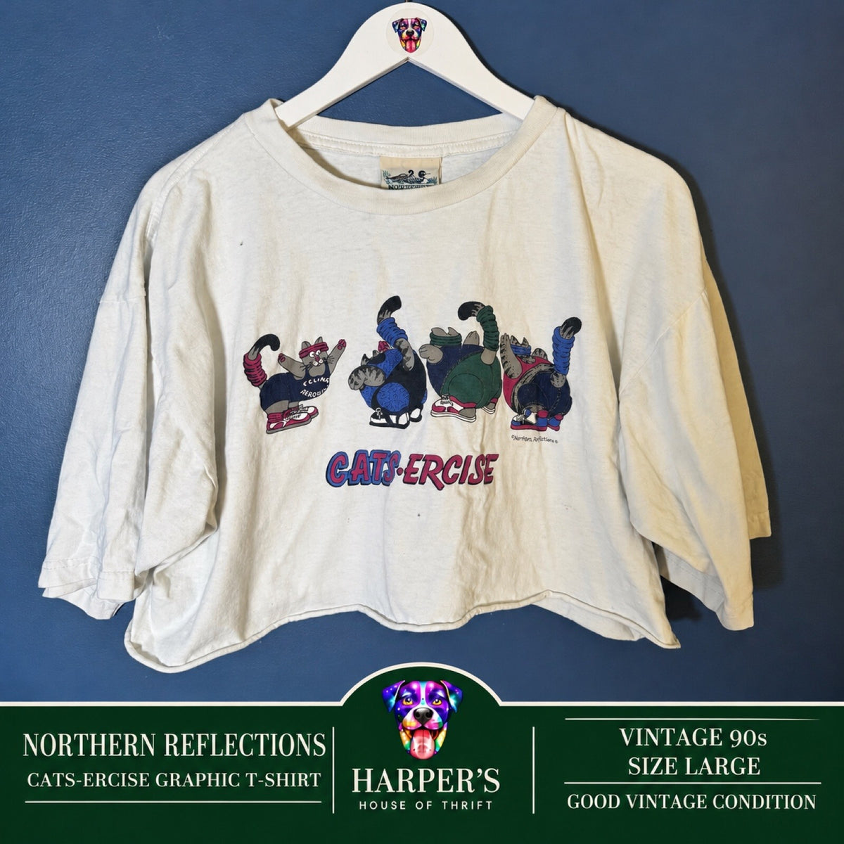 Vintage 90s Northern Reflections Cats-ercise Cropped Graphic T-Shirt White L