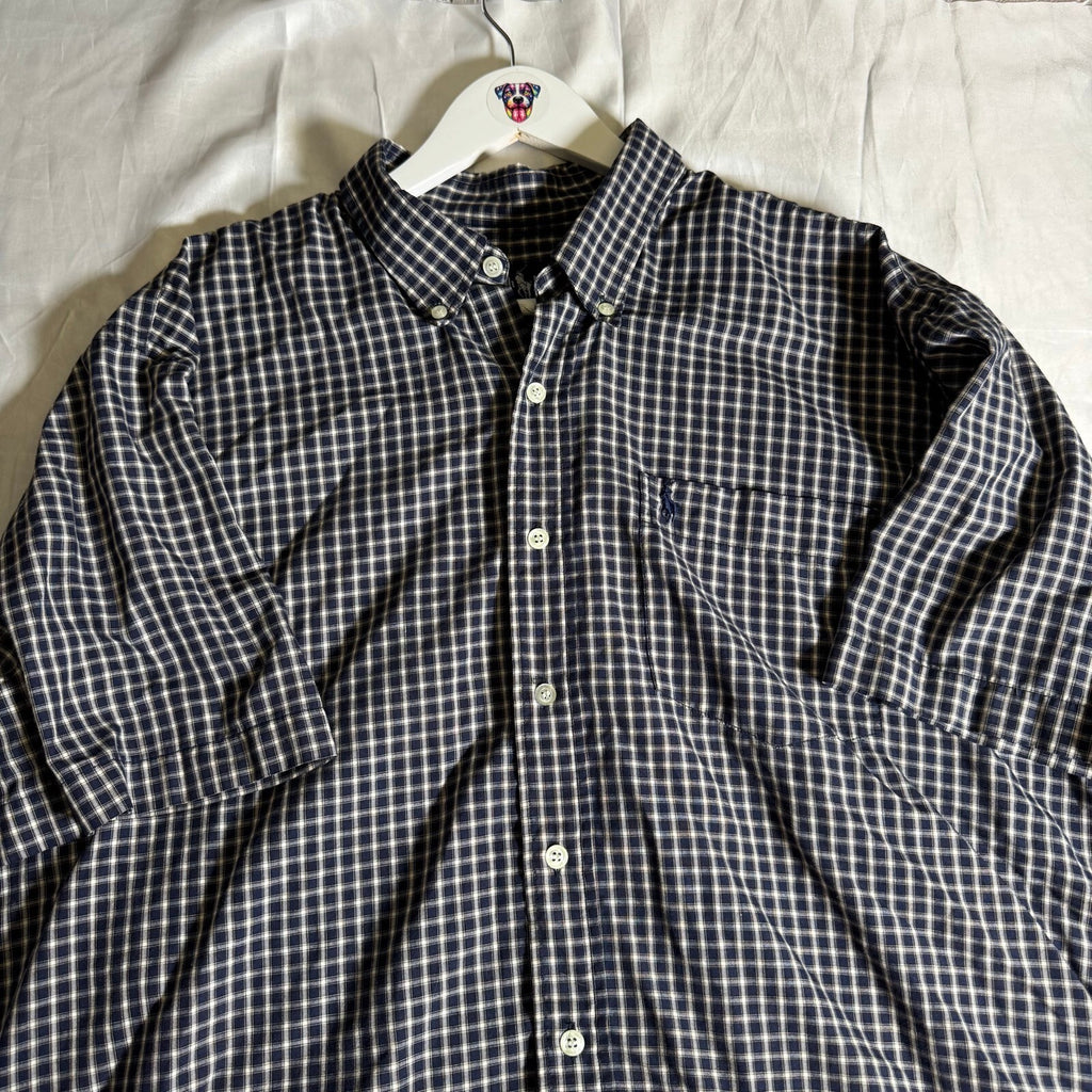 Vintage Ralph Lauren Short Sleeve Button Down Shirt Navy Check Plaid 17-34 Y2K