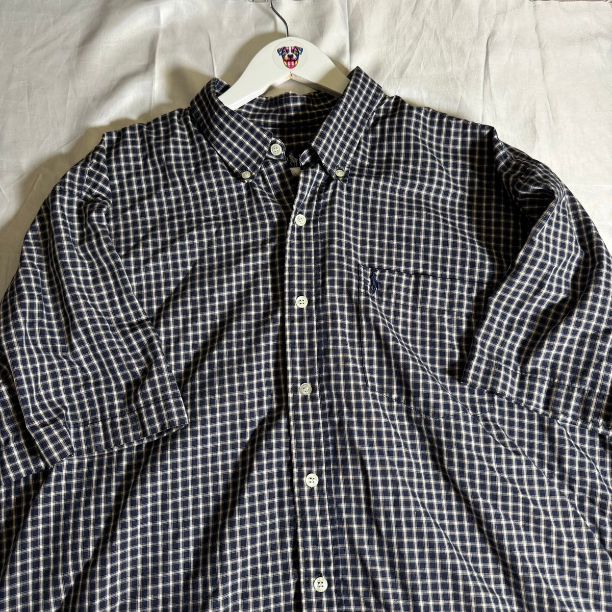Vintage Ralph Lauren Short Sleeve Button Down Shirt Navy Check Plaid 17-34 Y2K