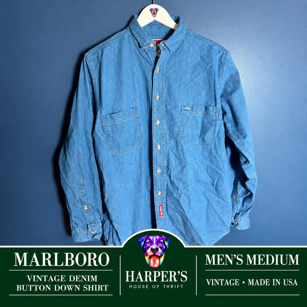 Vintage Marlboro Denim Button Down Shirt Long Sleeve Blue Made in USA Size M