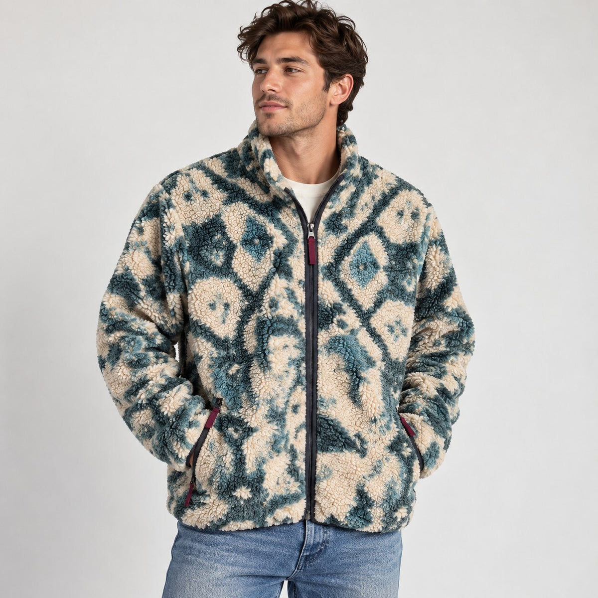 Abercrombie & Fitch Pattern Sherpa Jacket Green/Tan Ikat Print Mens Small