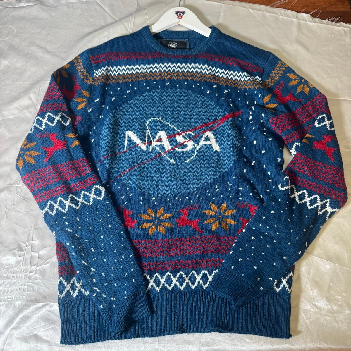 NASA Meatball Logo Ugly Christmas Sweater Fair Isle Knit Blue Size M