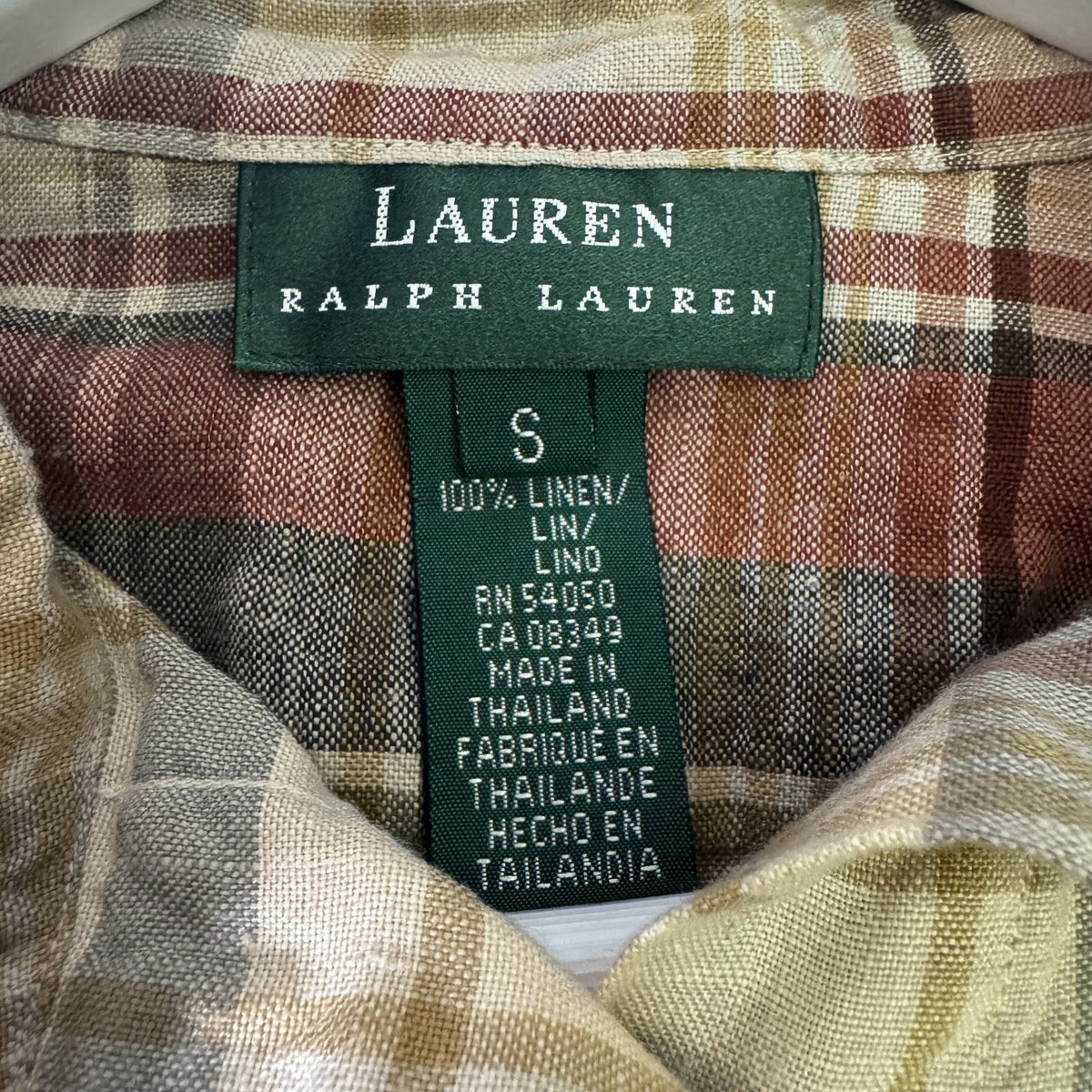 Vintage Lauren Ralph Lauren Linen Plaid Button-Up Shirt Tan Rust Size S RL Logo