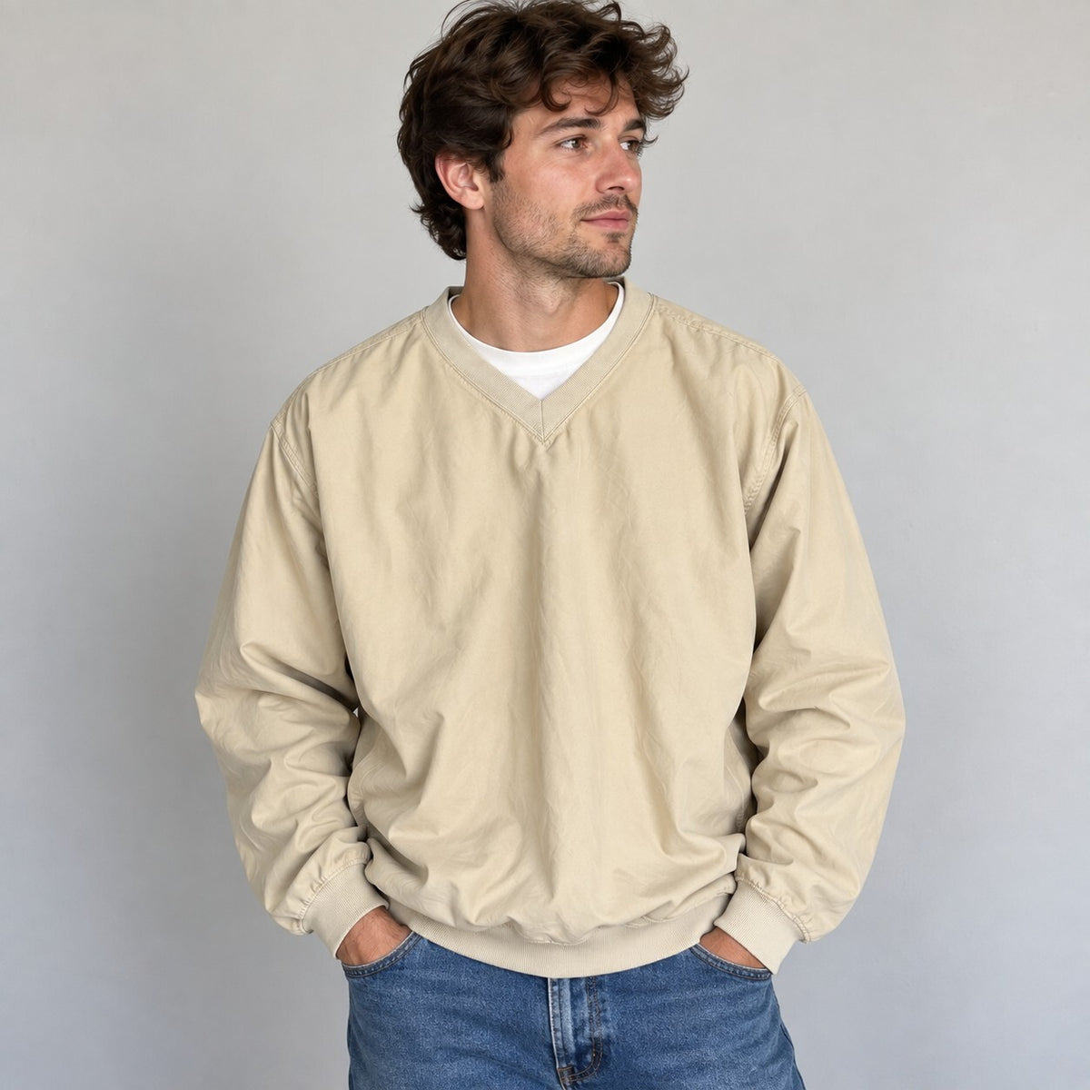 Vintage L.L.Bean Men's Wind Pullover V-Neck Shirt Tan Size Large Made in USA
