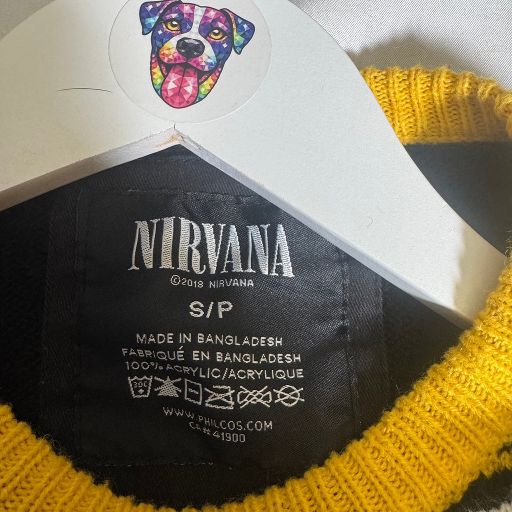 Nirvana Smiley Face Ugly Christmas Sweater Santa Hat Black Yellow Knit Size S