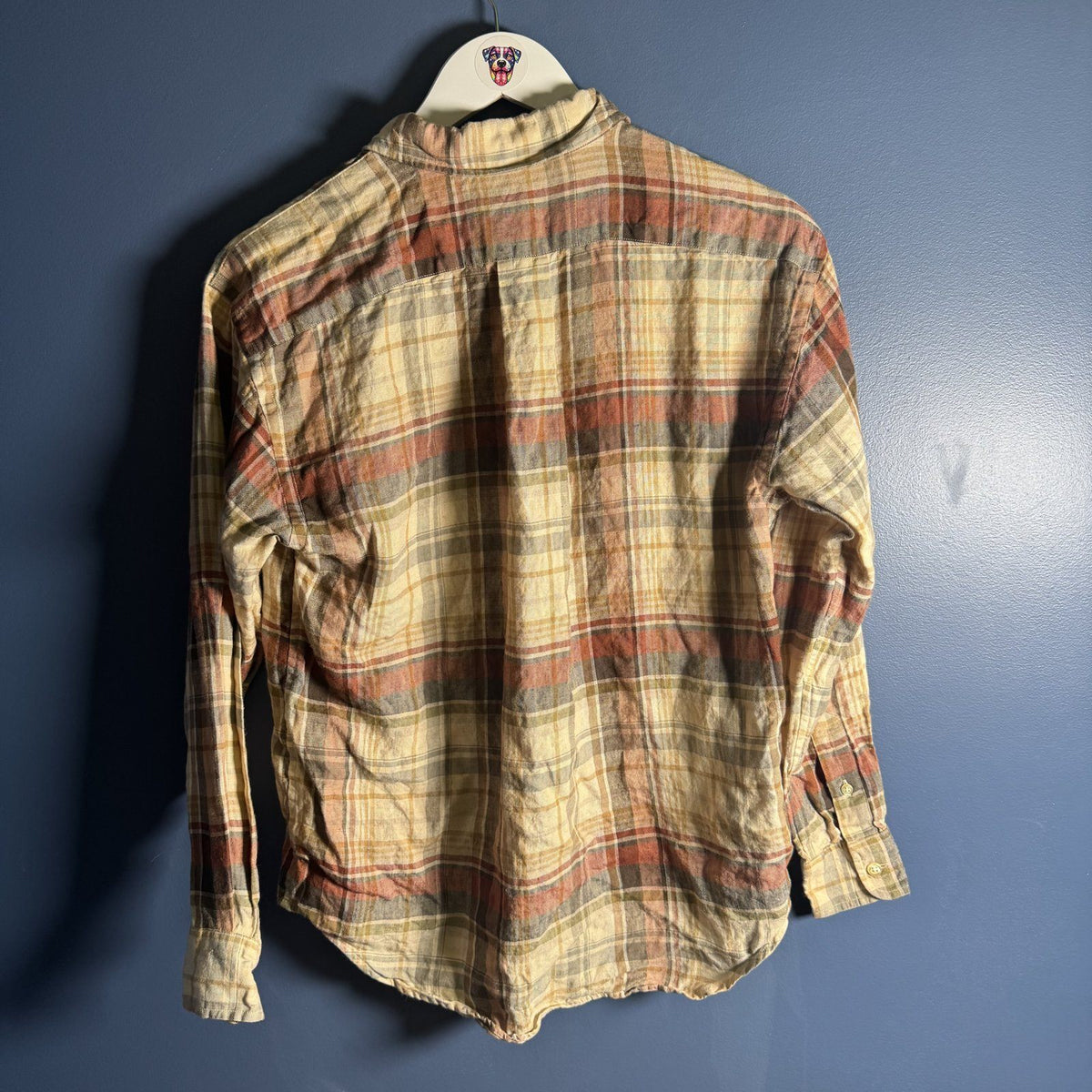 Vintage Lauren Ralph Lauren Linen Plaid Button-Up Shirt Tan Rust Size S RL Logo