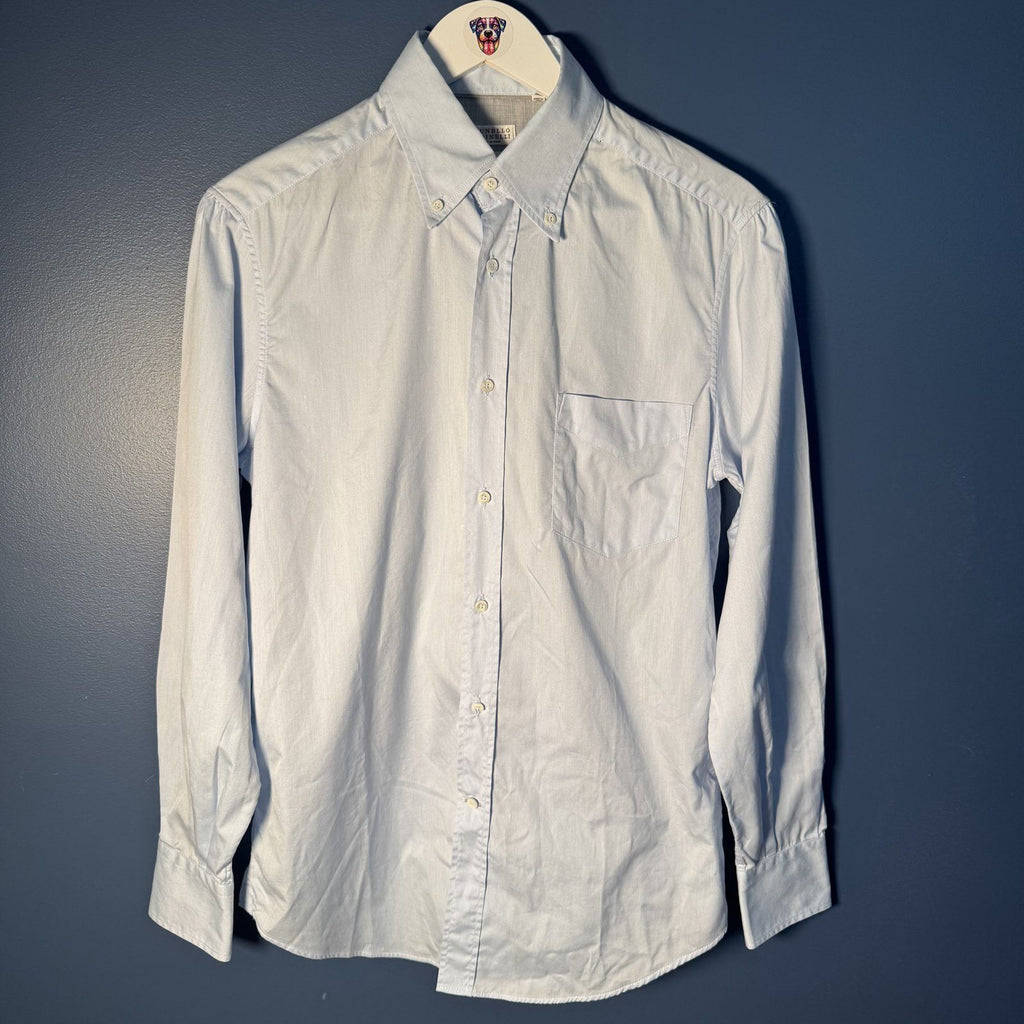 Brunello Cucinelli Basic Fit Oxford Dress Shirt Light Blue Sz XS Italy AS IS