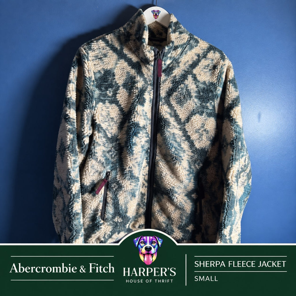 Abercrombie & Fitch Pattern Sherpa Jacket Green/Tan Ikat Print Mens Small