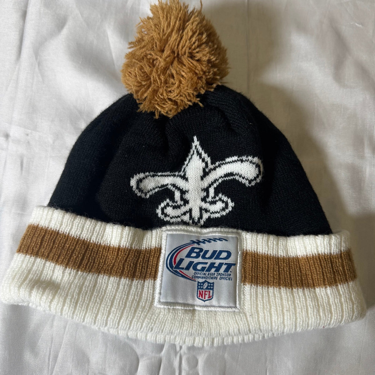 New Orleans Saints Bud Light NFL Cuffed Pom Knit Beanie Hat Black Gold Promo