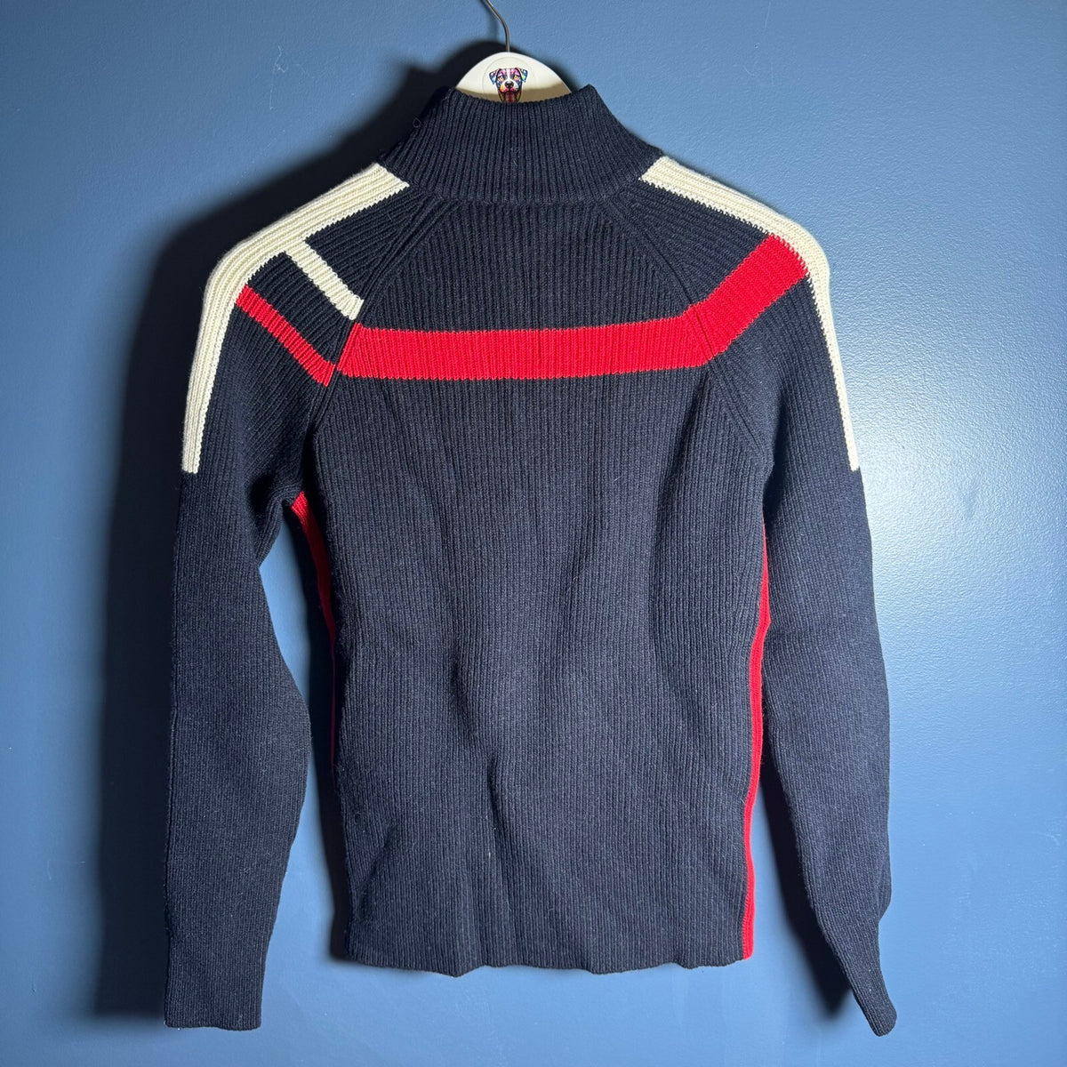 Vuarnet Half Zip Ribbed Wool Blend Ski Sweater Navy Red Cream Size S