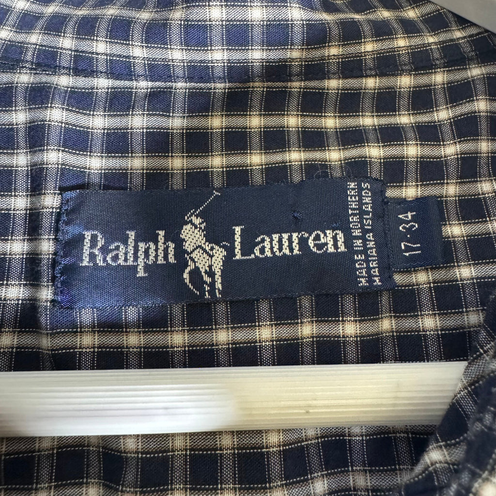 Vintage Ralph Lauren Short Sleeve Button Down Shirt Navy Check Plaid 17-34 Y2K