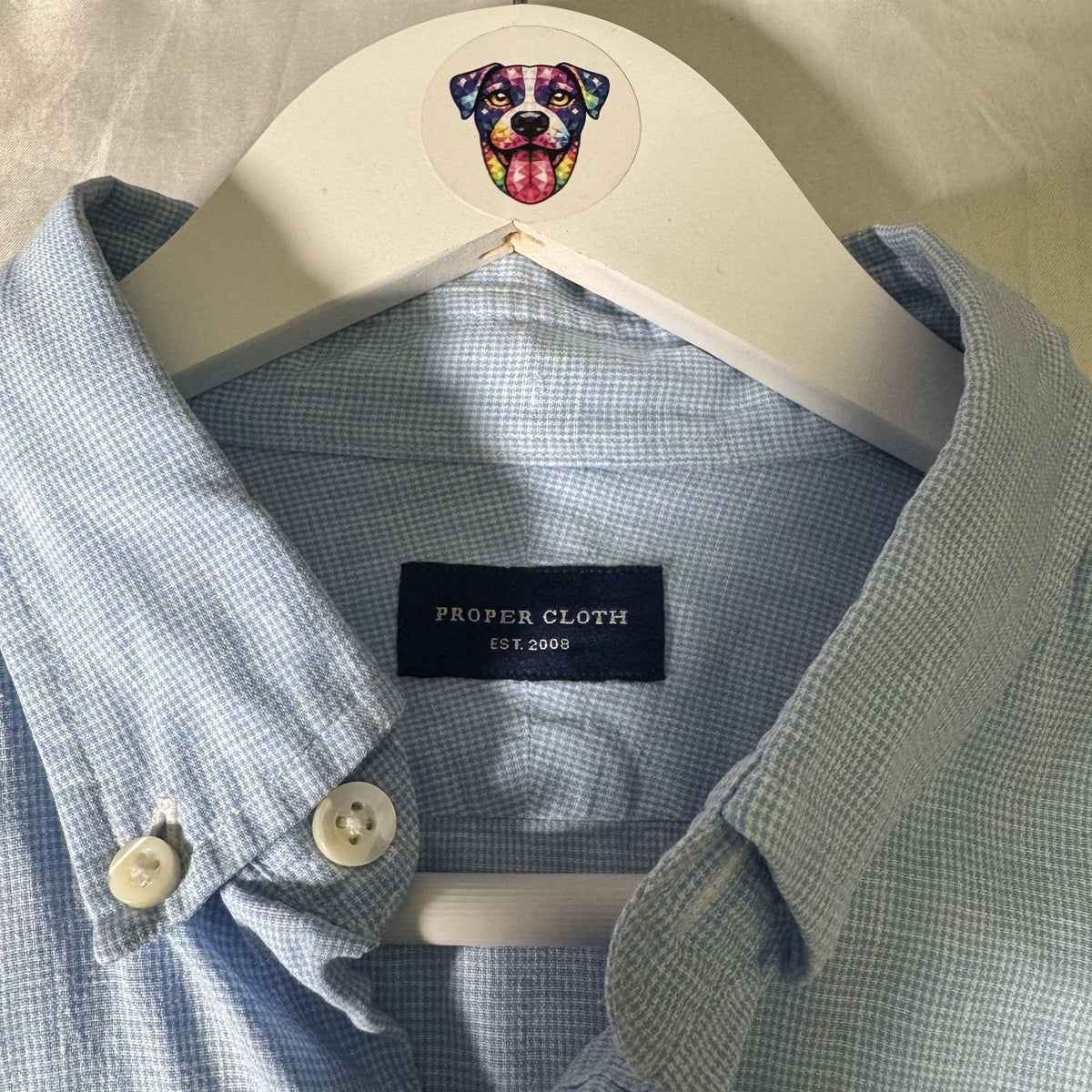 Proper Cloth Men's Custom Button Down Shirt Light Blue Check Linen Blend Aprx S