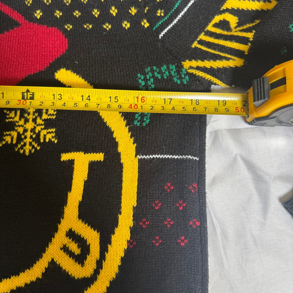 Nirvana Smiley Face Ugly Christmas Sweater Santa Hat Black Yellow Knit Size S