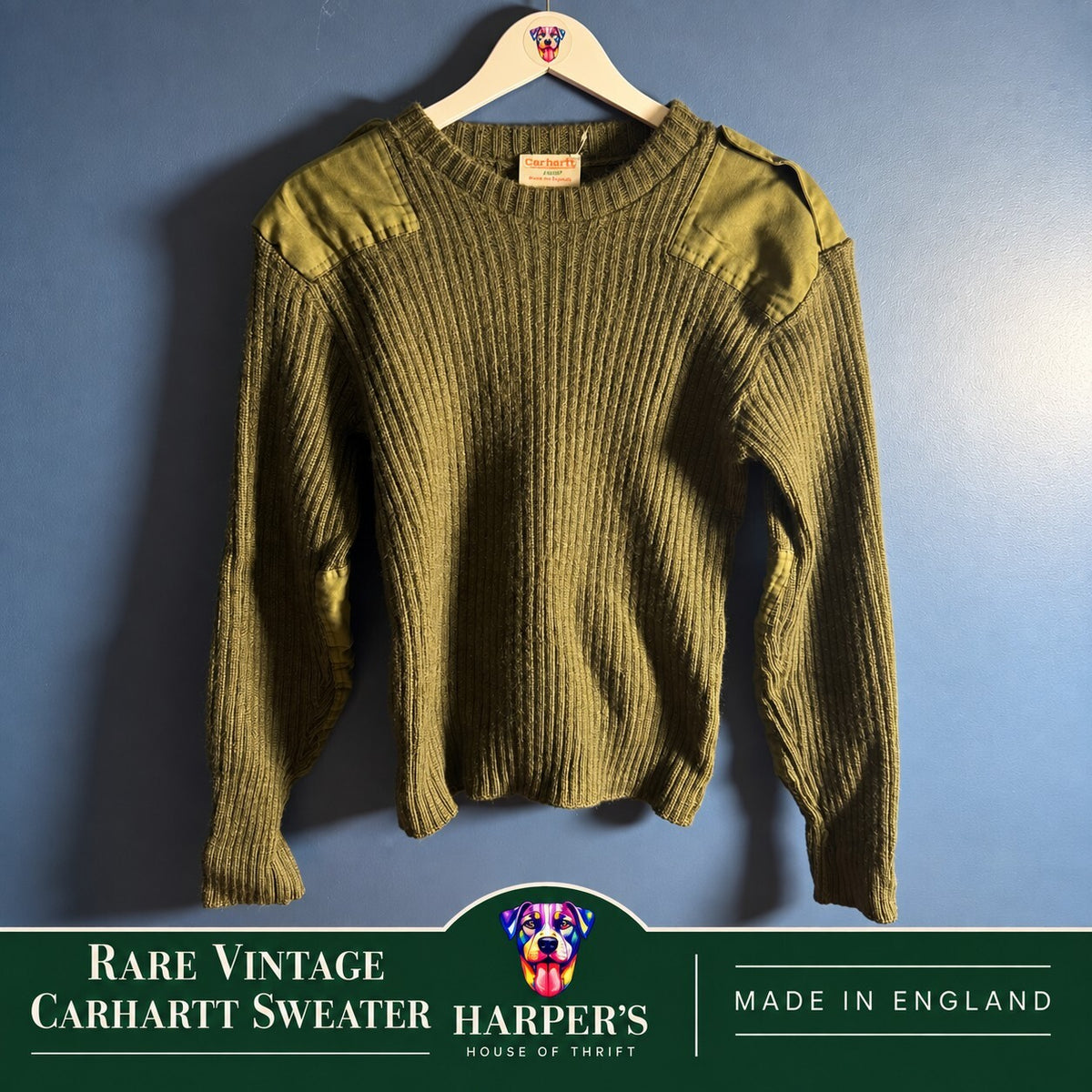 Vintage Carhartt Commando Sweater Made in England 100% Virgin Wool 44 Aprx S