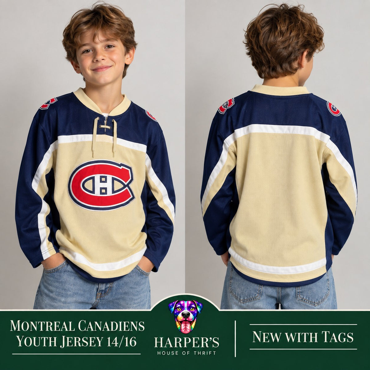 MightyMac NHL Montreal Canadiens Jersey Navy Cream Youth G/L 14/16 NWT Y2K