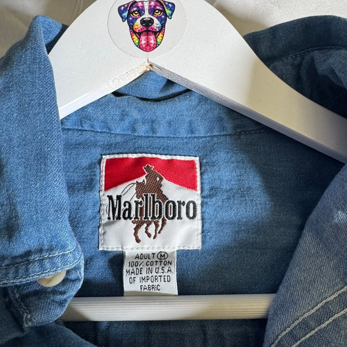 Vintage Marlboro Denim Button Down Shirt Long Sleeve Blue Made in USA Size M