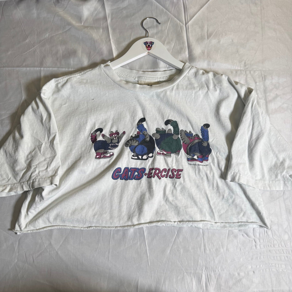 Vintage 90s Northern Reflections Cats-ercise Cropped Graphic T-Shirt White L