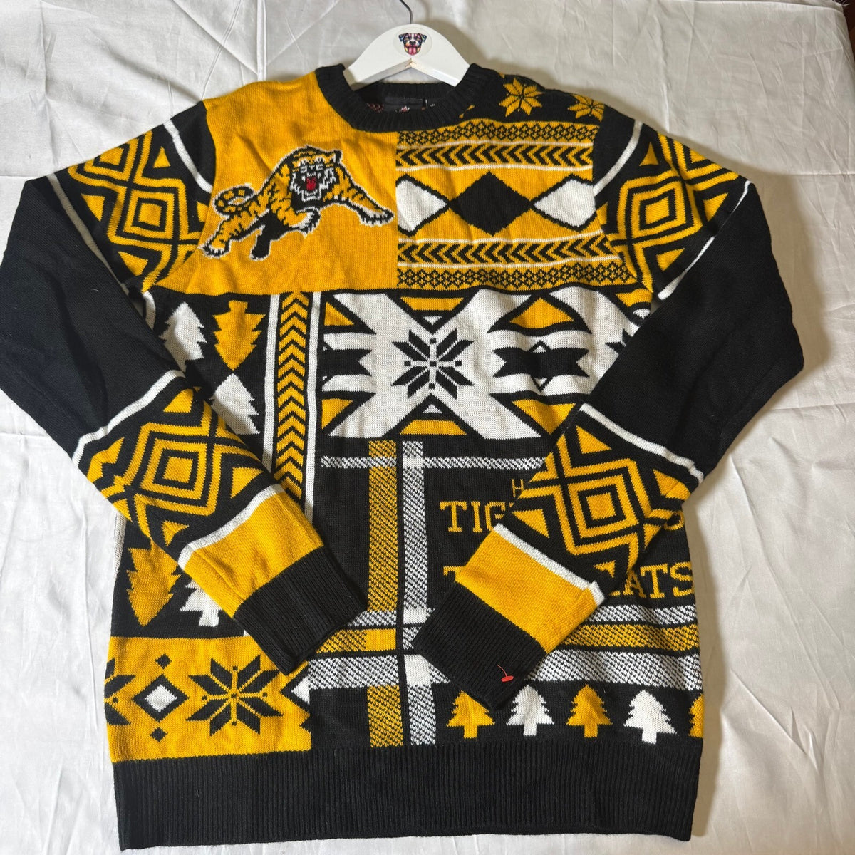FOCO Hamilton Tiger-Cats Ugly Christmas Sweater CFL Black Gold Knit Size S