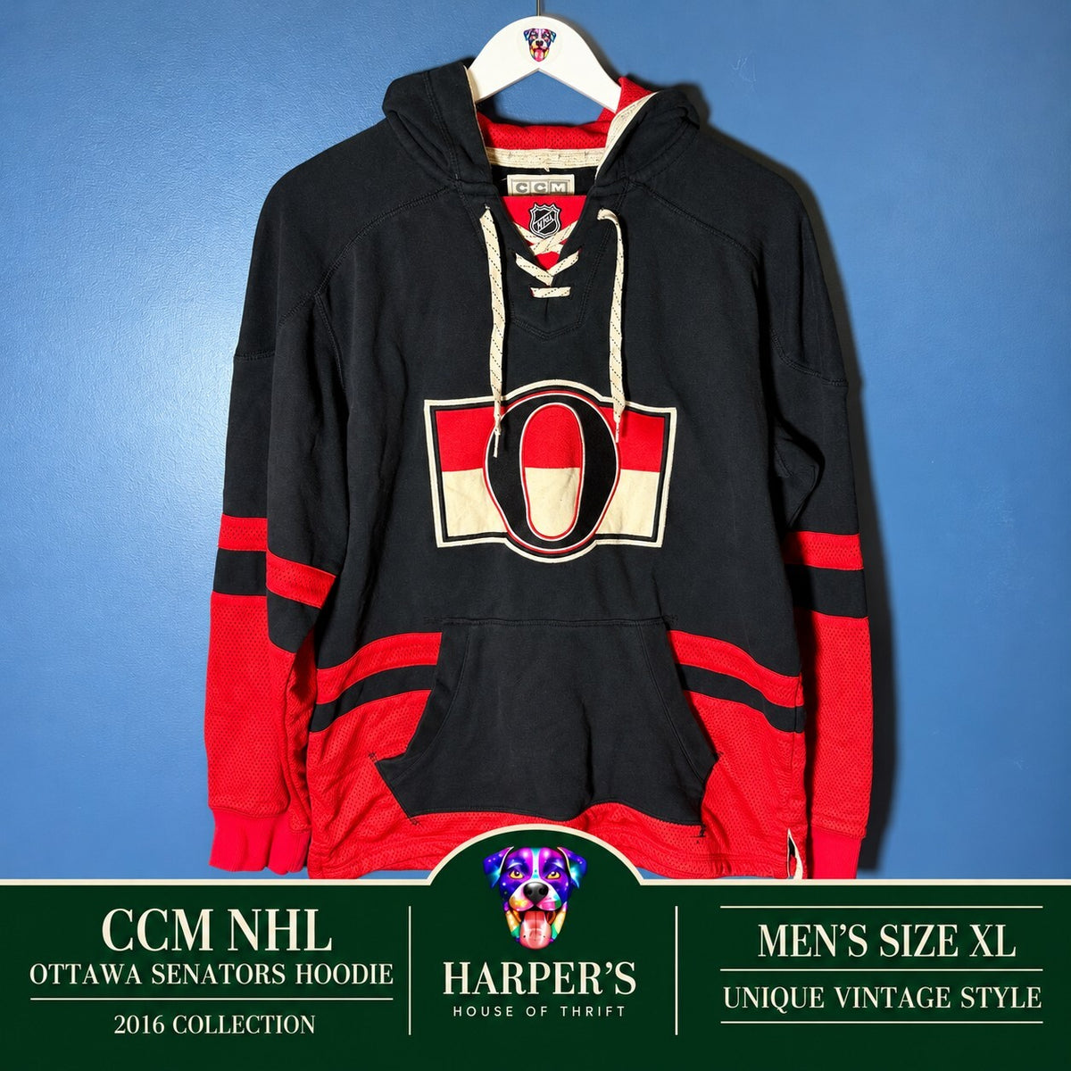 CCM Ottawa Senators Lace-Up Hockey Hoodie NHL Black Red Size M Vintage Style