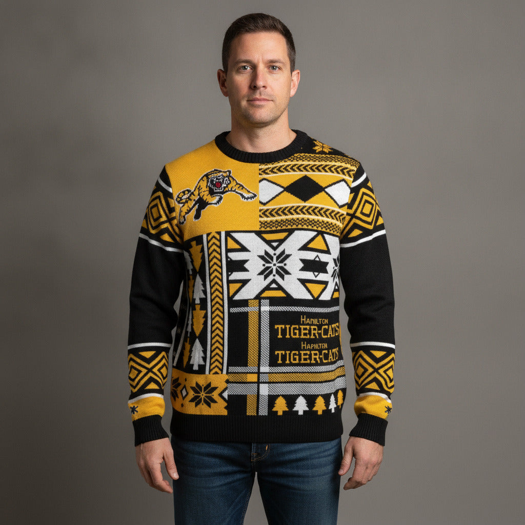 FOCO Hamilton Tiger-Cats Ugly Christmas Sweater CFL Black Gold Knit Size S