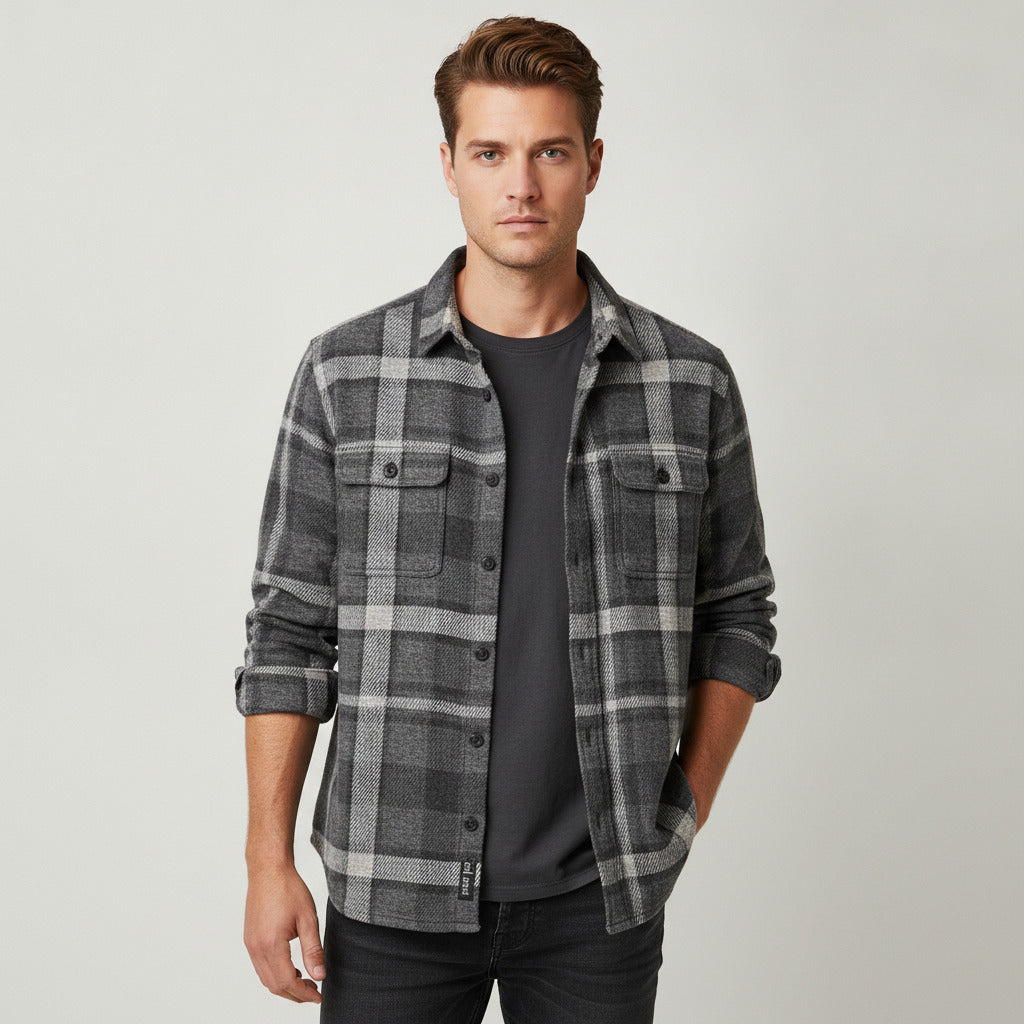 Duer Mens Gray Plaid Flannel Button-Up Shirt Jacket Size L