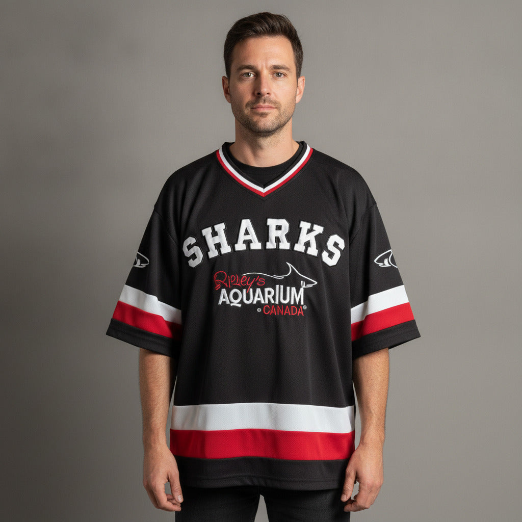 Ripley's Aquarium of Canada Sharks Hockey Style Jersey Black Red Size LG