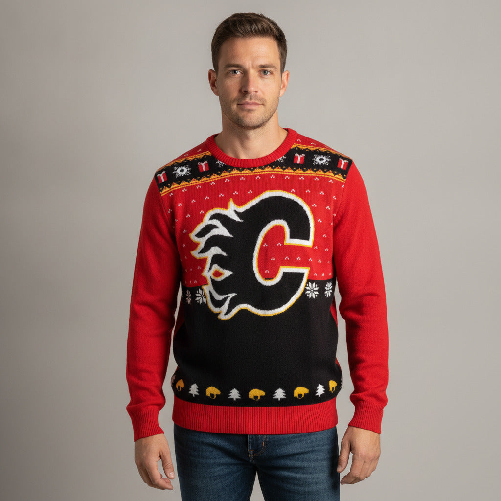Calgary Flames Ugly Christmas Sweater NHL Official Licensed Red Black Size M